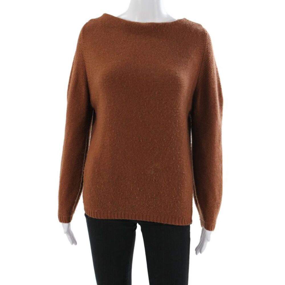 R Label Women Brown Wool Boat Neck Pullover Sweater Long Sleeve Size S